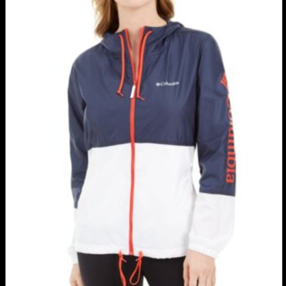 Columbia Women's Jacket Sz 1X Blue White Hooded Logo Flash Forward Windbreaker - Picture 2 of 15